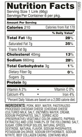 Nutrition Label - Cheddar Brat
