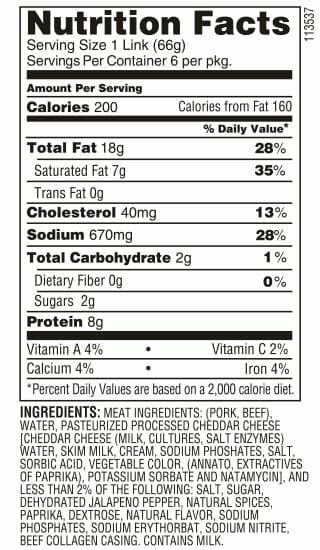 Jalapeno Cheddar Sausage nutrition facts