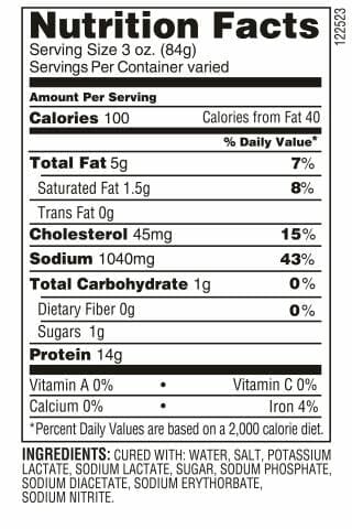 Whole teardrop ham Nutrition facts