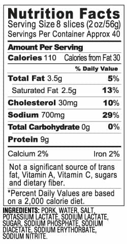 Nutrition Label - Canadian Brand Pork Roll