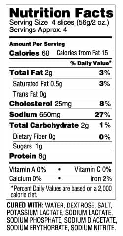 Nutrition Label - Sliced Smoked Ham