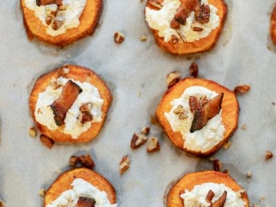 Sweet Potato Rounds with Goat Cheese topped with Bacon